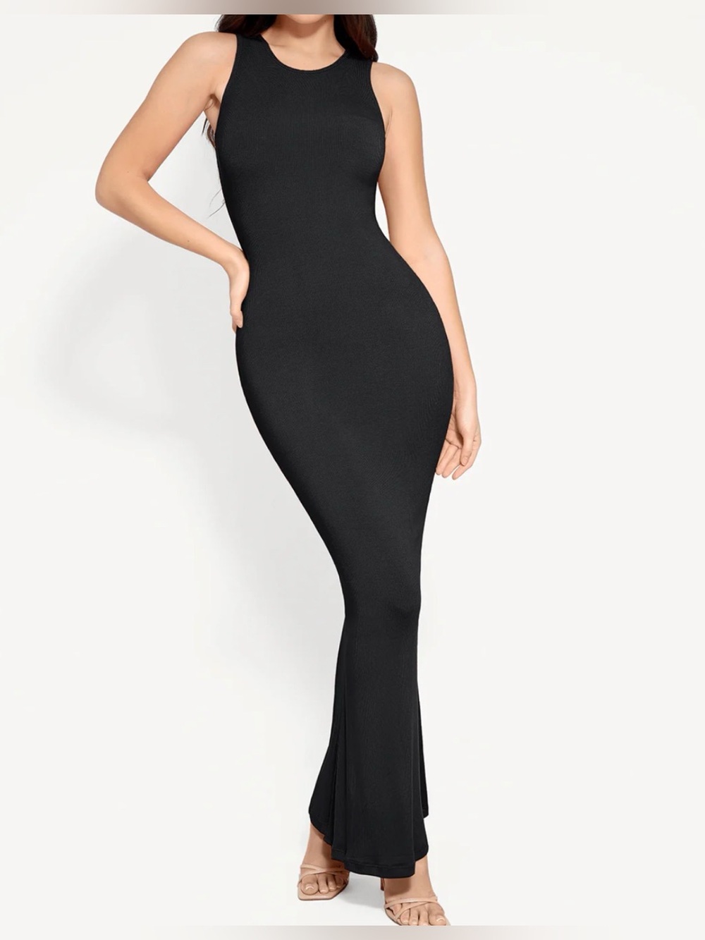 Popilush ribbed Black Sleeveless Maxi Dress with Sculpting Fit shapewear Med,NWT